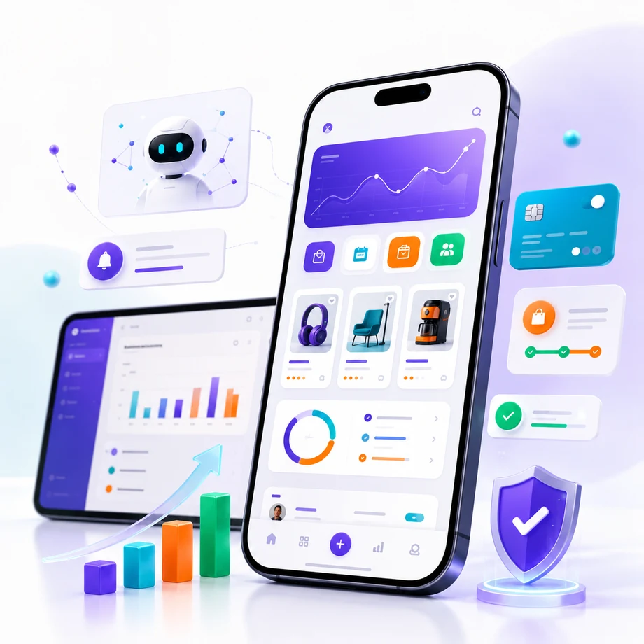 نمای مفهومی اپلیکیشن اختصاصی روی موبایل و لپ‌تاپ برای Android و iOS